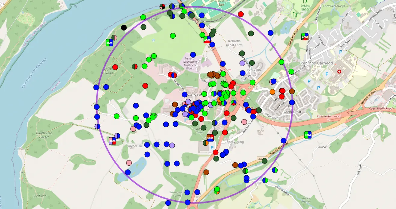 A screenshot of an eMapper report showing species points plotted on a map